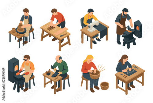 Various craftsmen and craftswomen engaged in traditional handicraft activities
