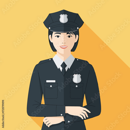 A smiling female police officer stands confidently, wearing a uniform with a badge.