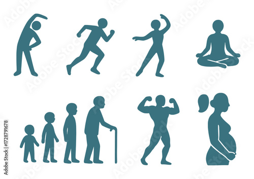 Silhouettes of people in various life stages and activities