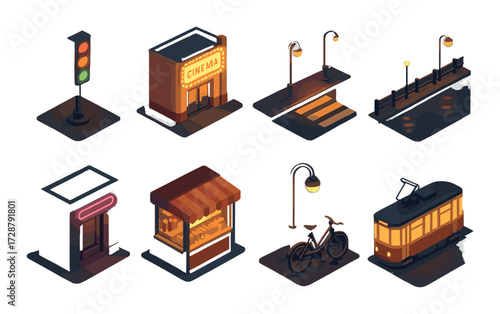 Isometric night cityscape with cinema, market, and tram elements
