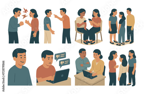 Adults discussing social media and online reactions in various interpersonal scenarios