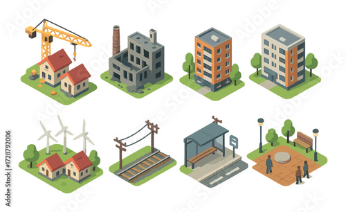 Isometric urban elements with buildings, wind turbines, and public spaces