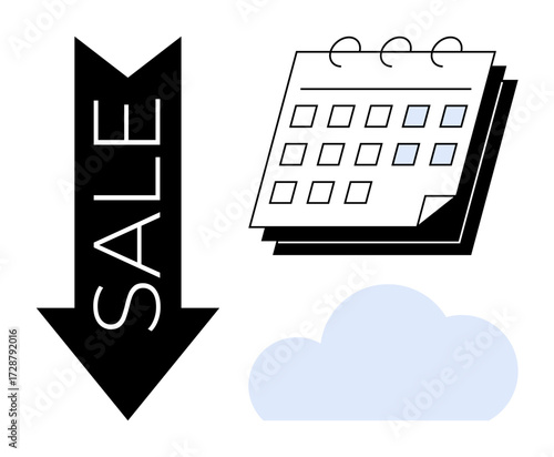 Black arrow with SALE, calendar with outlined dates, and light blue cloud. Ideal for marketing, e-commerce, seasonal promotions, planning, digital services, time management simple flat metaphor