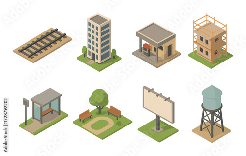Isometric urban elements - building, billboard, railway, park, water tower, construction