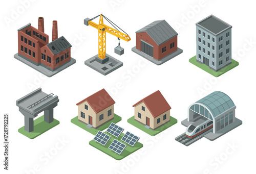 Isometric icons of buildings, crane, bridge, houses with solar panels, and train station
