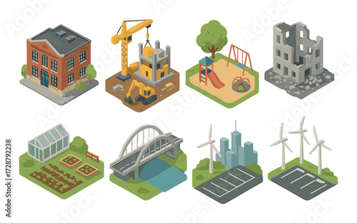 Colorful isometric urban development with buildings and playground