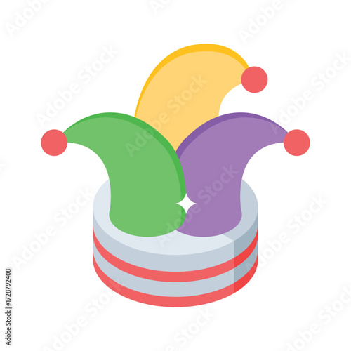 Sleek isometric icon of colorful jester party hat