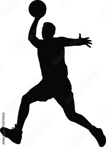  Basketball player silhouette in action, slam dunk motion, athlete jumping with ball, sports vector illustration, fitness energy, dynamic movement isolated on white background