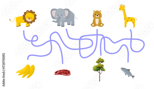 Puzzle of animals and foods with white background