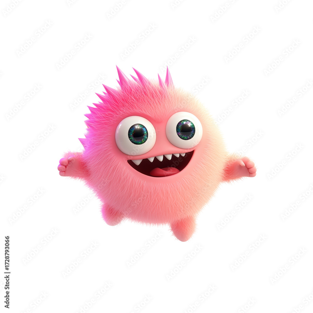 Fototapeta premium Happy pink furry monster with big eyes and spiky hair