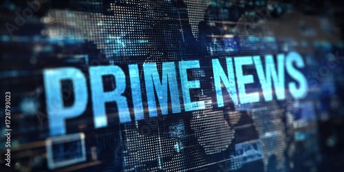 Fototapeta Naklejka Na Ścianę i Meble -  Dynamic Prime News graphic with digital world map background, perfect for news broadcasts, media, and global information