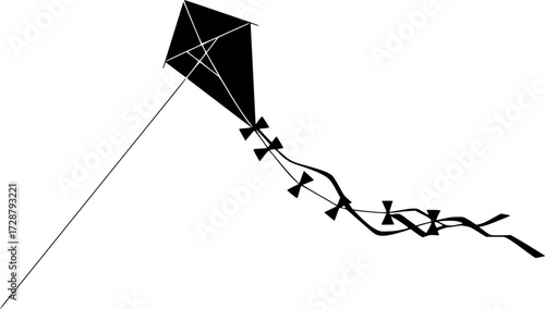 A minimalist style illustration of a black kite soaring against a stark white background