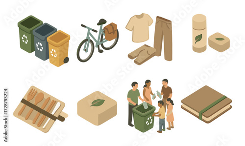 Illustrated guide to sustainable living: recycling, eco-friendly products, family, and fashion