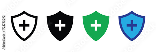 Four shield icons with a plus sign in the center, isolated on transparent background