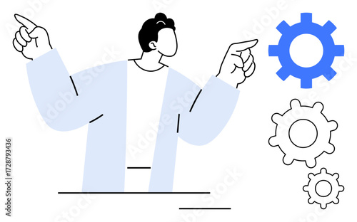 Person gesturing with both hands at three gears of varying sizes representing teamwork, workflow, and systems thinking. Ideal for collaboration, innovation, management, technology, optimization