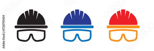 Set of three safety icons including a hard hat and safety glasses in black, blue, and red, isolated on transparent background