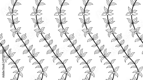 Elegant black and white floral pattern with delicate leaves and small blossoms on a clean white background, perfect for sophisticated design projects.