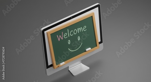Welcome Message on Monitor Screen: A chalkboard with the word Welcome and a cheerful smiley face leans against a sleek computer monitor, inviting interaction in a digital space.