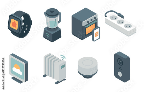 Smart home devices: watch, blender, oven, power strip, tablet, heater, light, doorbell