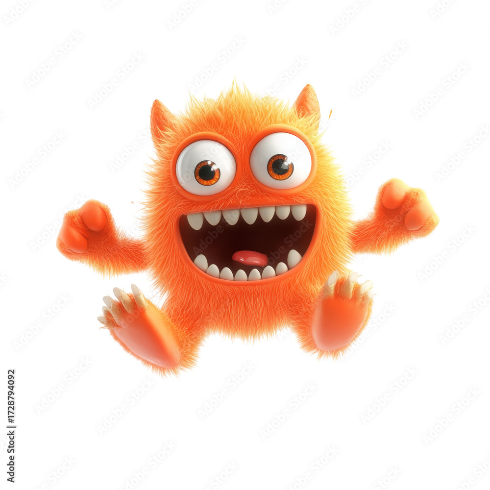 Obraz premium Cute furry orange monster with big eyes and sharp teeth jumping happily