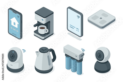 Smart home gadgets: coffee maker, assistant, kettle, security camera, digital scale, purifier