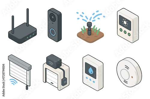 Isometric smart home devices: router, camera, sprinkler, thermostat, blinds, doorbell, leak sensor, smoke detector