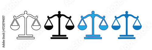 Set of four scales of justice icons, including outline, solid black, and two blue variations, isolated on transparent background