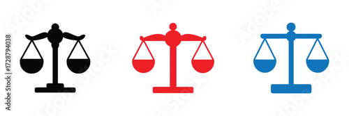 Three scales of justice icons in black, red, and blue isolated on transparent background