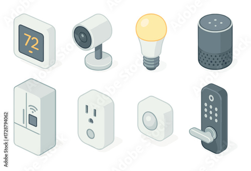Smart home devices: thermostat, camera, lightbulb, speaker, fridge, outlet, sensor, lock