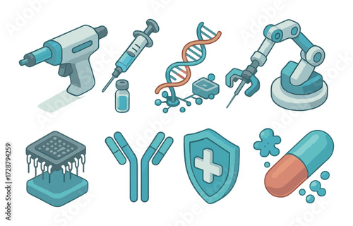 Futuristic medical tools and biotechnology symbols in vector art