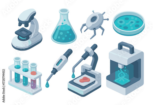 Isometric laboratory equipment collection including microscope and dna sequencer