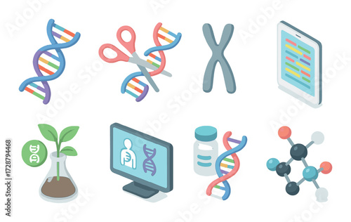 Genetic engineering icons: dna, tools, technology, and laboratory equipment