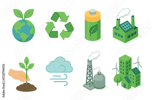 Eco-friendly icons: sustainable practices and clean energy solutions