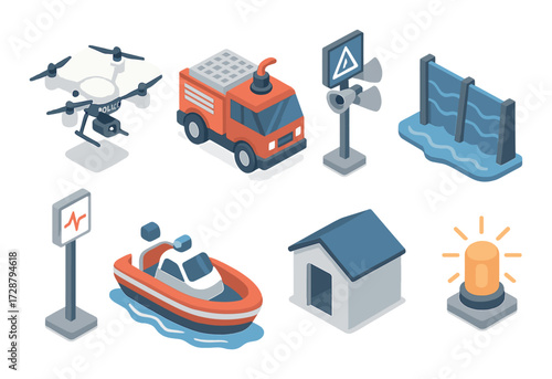 Isometric emergency response icons featuring drone, fire truck, boat, and alarm