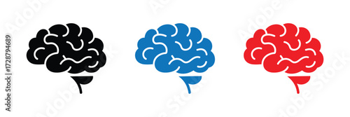 Three stylized brain icons in black, blue, and red isolated on transparent background