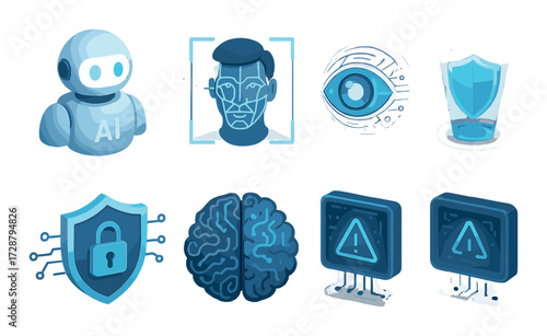 Futuristic ai and cybersecurity icons featuring facial recognition and shield symbols