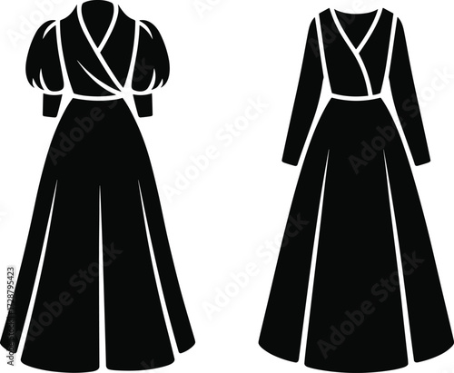 silhouette dresses with wrap-style bodice, puffed and long sleeves, flared skirts, fashion illustration for formal wear, garment design, vector outfit concept