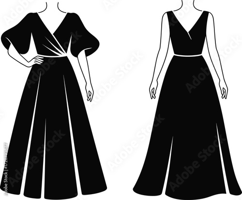 Elegant fashion illustration of wide-legged formal outfits, wrap-style bodice, sleeveless and voluminous sleeves, vector garment design for boutique, tailoring, and evening wear