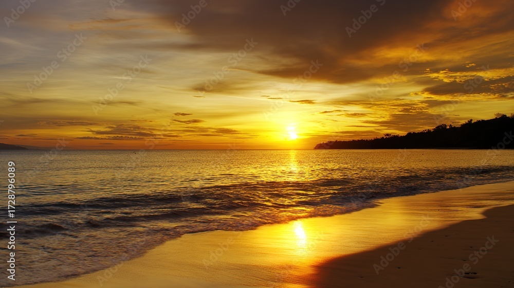 Fototapeta premium sand. A breathtaking tropical beach sunset with vibrant clouds and golden reflections on the wet sand. inspiring travel planning, travel magazines, designed for outdoor magazines and nature guides.