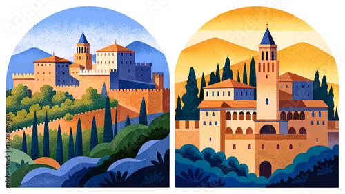 abstract Alhambra Palace in Granada, Spain, Moorish architecture, historic fortress, cultural heritage, and famous European tourism landmark illustration