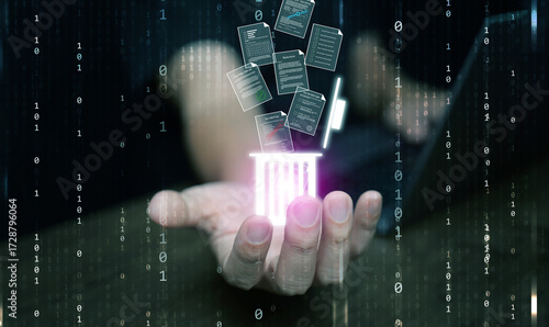 Hand holding glowing recycle bin hologram with digital documents falling, representing secure file deletion, data management, cybersecurity, and modern information technology.