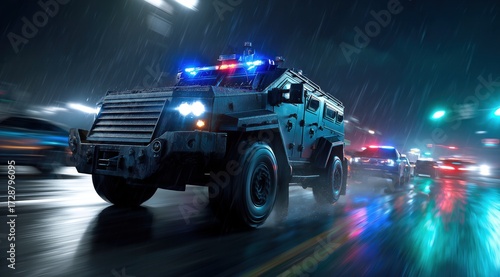 Un véhicule de police blindé moderne, feux clignotants, fonçant à toute vitesse dans une nuit pluvieuse, concept de course poursuite.