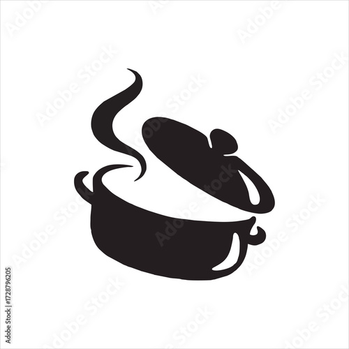 Silhouette illustration of cooking pot with lid and steam.