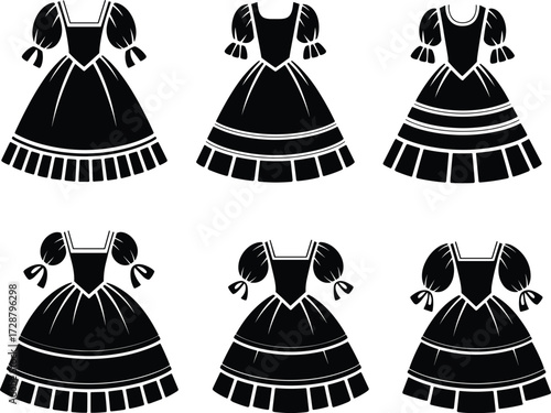 Six black dress silhouettes with puffed sleeves, pleated skirts, ribbon accents, fashion illustration for garment design, formal wear, elegant outfit vector artwork