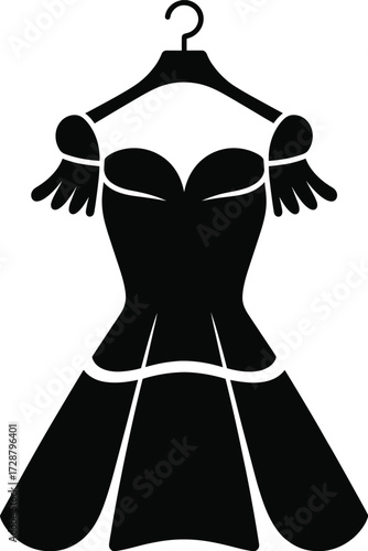 Black silhouette dress with puffed feather sleeves, sweetheart neckline, layered flared skirt on hanger, fashion illustration for formal wear, elegant garment vector artwork
