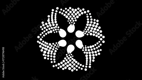 Abstract, symmetrical design; radiating flower-like shape; composed of tightly packed, small white circles against black background