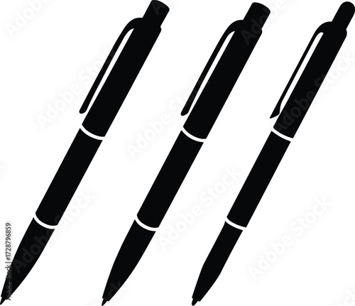  Black pen icon set, simple stationery illustration, writing instrument collection, office supply design, educational tool graphics, minimalist ink pen silhouette