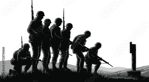 Military Tribute Silhouette, Soldiers Honoring Fallen Comrade, Rifle Memorial Scene, Black and White War Illustration, Respectful Army Vector, Grayscale Remembrance Graphic Design