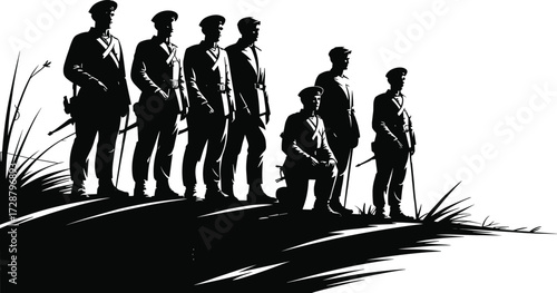 Military Silhouette Tribute Scene, Soldiers with Rifles on Grassy Hill, Black and White Memorial Illustration, Army Respect Vector, Historical Commemoration Graphic Design