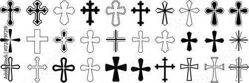 25 unique cross icon designs, religious and cultural symbols, minimal and ornate styles, flat vector, isolated, grid layout, black outline